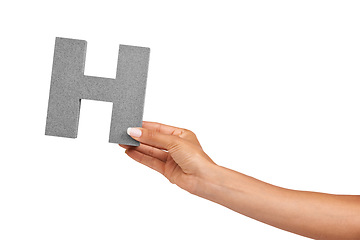 Image showing Hand of woman, capital letter H and presentation of font isolated on white background. Character, upper case and person with English alphabet typeface for communication, reading and writing in studio