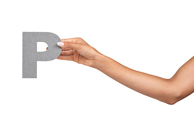 Image showing Hands, alphabet and capital letter P in studio isolated on a white background. Fingers, font and closeup of sign for typography, communication or learning language, character or show uppercase icon