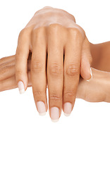 Image showing Woman, hand and nails in studio with manicure for cosmetics, skincare or nail treatment for wellness. Person, fingers or mock up space for cosmetology, hygiene and smooth skin on white background