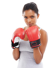 Image showing Portrait, boxer and fight with woman, sports and exercise isolated on a white studio background. Face, person and challenge with wellness, boxing and mma training with impact, energy or strong muscle