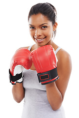 Image showing Portrait, boxer and fight with woman, smile and exercise isolated on a white studio background. Face, person and challenge with wellness, boxing and mma training with fitness, energy or strong muscle