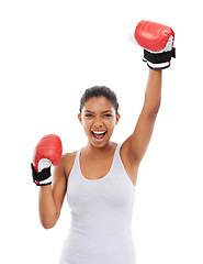 Image showing Portrait, boxer and celebration with woman, sports and exercise isolated on a white studio background. Face, person and challenge with boxing, winning and mma training with impact, energy or victory