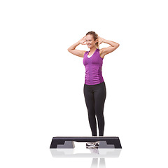 Image showing Aerobics, fitness and woman with exercise, stretching and wellness isolated on a white studio background. Person, model and girl with workout, healthy and training with routine, weight loss and smile