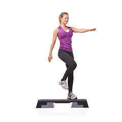 Image showing Fitness, woman and aerobics with health, workout and wellness isolated on a white studio background. Person, girl and model with steps, exercise and training with cardio, healthy and mockup space