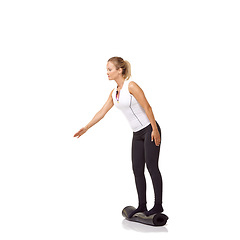 Image showing Woman, exercise and mat in studio for workout, pilates or fitness for healthy body, wellness or balance. Person, face and yoga in sportswear for physical activity on mock up space or white background