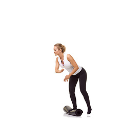 Image showing Woman, balance and mat in studio for fitness, pilates or workout for healthy body, wellness or exercise. Person, face and yoga in sportswear for physical activity on mock up space or white background