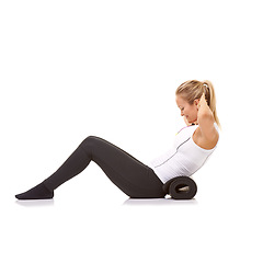 Image showing Woman, situp and training with mat in studio profile, stretching and stomach for fitness by white background. Girl, strong abdomen and workout for smile, thinking or muscle with mockup space on floor