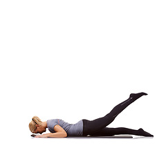 Image showing Woman, fitness and mat in studio for plank, pilates or workout for healthy body, wellness and core muscle. Person, exercise and yoga on floor for abdomen health on mockup space and white background