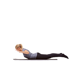 Image showing Woman, back extension and yoga exercise in studio for fitness, workout and stretching body on mockup white background. Profile of healthy lady balance on mat for strong core, training and locust pose