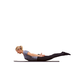 Image showing Woman, back extension and fitness for workout, flexible body or strong core in studio on mockup white background. Yoga, profile and healthy lady balance on floor for agile training of locust exercise