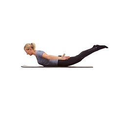 Image showing Woman, back extension and stretching for fitness, workout and flexible body in studio on mockup white background. Yoga, profile and strong lady balance on floor for core, training and locust exercise