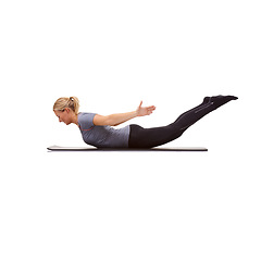 Image showing Woman, back extension and fitness in studio for exercise, workout or stretching body on mockup white background. Yoga, profile and healthy lady balance on mat for strong core, training or locust pose