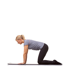 Image showing Woman, fitness or mat in studio for cow stretch, pilates or workout for healthy body, wellness or core muscle. Person, exercise or yoga on floor for abdomen health on mockup space or white background