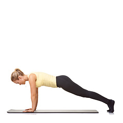 Image showing Woman, plank and exercise in studio for workout, fitness and wellness on mockup white background. Profile of healthy lady balance body on mat for strong core, training and push up challenge on floor