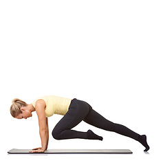 Image showing Woman, mountain climber and fitness on mat for exercise, workout or cardio challenge in studio on mockup white background. Profile of healthy lady training for strong core, wellness or plank on floor