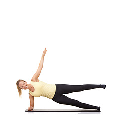 Image showing Yoga, health and portrait of woman in studio for stretching, exercise and wellness. Workout, fitness and self care with female person on floor of white background for pilates, body and mockup space