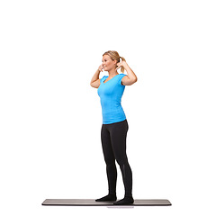 Image showing Yoga, health and training with woman in studio for stretching, exercise and wellness. Workout, fitness and self care with female person on floor of white background for pilates, body and mockup space