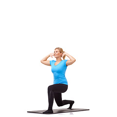 Image showing Woman, lunge and fitness on mat, studio profile or stretching workout for exercise, health or white background. Girl, balance or idea in training, mockup space or muscle development process on floor