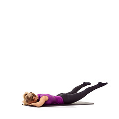 Image showing Yoga, health and floor with woman in studio for stretching, exercise and wellness. Workout, fitness and self care with female person on mat of white background for pilates, body and mockup space