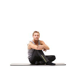 Image showing Man, fitness and portrait on exercise mat of studio for healthy sports coaching isolated on white background. Wellness, workout and personal trainer on floor for strong body, muscle and mockup space