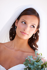Image showing Smile, wedding and young woman with flowers for luxury marriage ceremony, party or reception. Happy, love and beautiful bride from Mexico with makeup and floral bouquet for romantic celebration.