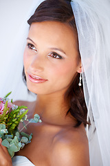 Image showing Beauty, wedding and young woman with flowers for luxury marriage ceremony, party or reception. Elegant, love and beautiful bride from Mexico with makeup and floral bouquet for romantic celebration.