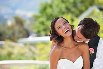 Image showing Love, couple kiss on neck at wedding and marriage in nature together, smile or romance. Man, woman or bride, groom and laugh outdoor, commitment and connection in relationship, celebration or event