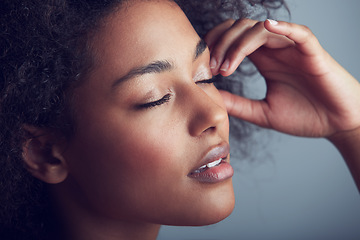 Image showing Skincare, face and black woman in studio for cosmetics, wellness or treatment on grey background. Beauty, shine and African female model with glowing skin, dermatology or self care routine results