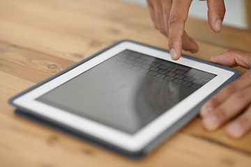 Image showing Person, hand and tablet for online connection or technology communication, social media or internet screen. Fingers, close up and typing as digital research or keyboard conversation, email or project