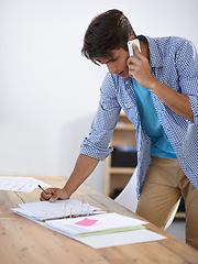 Image showing Business man, phone call and planning with documents, folder or paperwork for accounting and financial advice. Professional worker talking on his mobile for startup information and taxes management