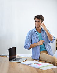 Image showing Office phone call, communication and happy man speaking, consulting or planning project with mobile user. Smartphone conversation, mockup wall space and professional person chat with business contact