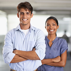 Image showing Business, portrait and arms crossed in team in workplace, corporate career and positive in about us. Man, woman and face as diversity in start up, trust and collaboration as professional in office