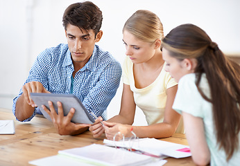 Image showing Training workshop, teamwork and business people with tablet, research and admin paperwork. Startup, man and women at desk at digital design office for collaboration, coworking and online networking.