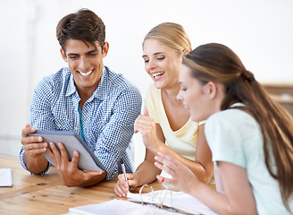 Image showing Teamwork, tablet or designers planning in meeting for documents or paperwork together in office. Collaboration, employees talking or happy people speaking of creative ideas with smile in startup