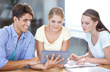 Image showing Teamwork, tablet or designers with research in meeting for documents or paperwork together in office. Collaboration, employees reading or happy people watching videos online with smile in startup