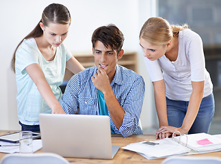 Image showing Teamwork, laptop or designers in meeting for research, news or planning together in office. Collaboration, startup or creative people with documents or info on online blog website for editing project