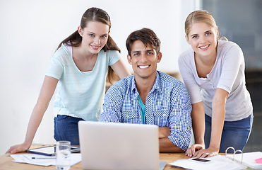 Image showing Teamwork, laptop or portrait of happy designers in meeting for news, strategy or planning together in office. Collaboration, startup or people with research on online blog website for editing project