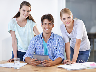 Image showing Business, portrait and happy people with tablet, paperwork and coworking at accounting office. Startup team, man and women at desk with digital app, admin documents for online tax consulting agency