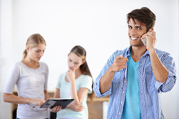 Image showing Business man, phone call and smile in portrait, networking and communication on technology in office. Male person, face and speaking on smartphone in workplace, colleagues and teamwork or contact us