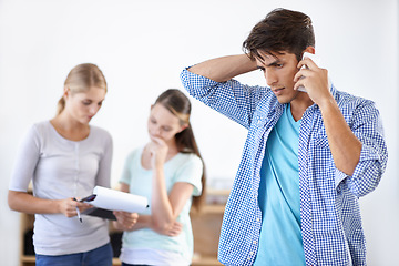 Image showing Man, phone call and stress for communication and networking, technology and connection or anxiety. Male person, smartphone and hearing bad news or frustration for business fail, mistake and crisis