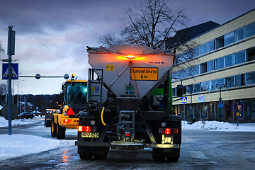 Image showing Gritting Truck and Snow Tractor at Traffic Lights
