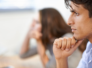 Image showing Business man, profile and thinking on company future and contemplating in office for work. Male person, side view and professional or inspiration for ideas, growth and vision for career development