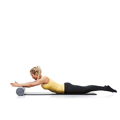 Image showing Yoga, foam roller and woman in core workout, stretching or gym routine for wellness, fitness or pilates training. Active, mockup studio space and athlete performance on white background ground