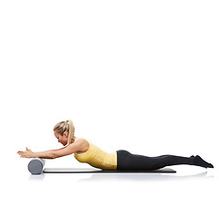 Image showing Pilates, foam roller and fitness woman in floor exercise, stretching or sports wellness for core strength, workout or training. Balance, mockup studio space and athlete commitment on white background