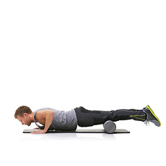 Image showing Training, foam roller and man in floor push up for bodybuilding commitment, muscle growth or arm strength exercise. Plank balance, mockup studio space and male fitness athlete on white background