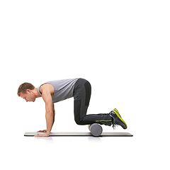 Image showing Exercise balance, foam roller and man in push up for arm strength building, muscle growth or rehabilitation workout. Stability activity, mockup studio space or person training on white background