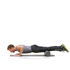 Image showing Fitness, foam roller and man in floor push up for strength building, muscle growth or bodybuilding exercise. Plank balance workout, mockup studio space or training person isolated on white background