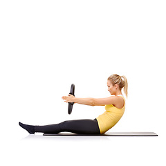Image showing Pilates ring, arms and woman exercise in studio isolated on a white background mockup space. Training, person on mat and magic circle for fitness, balance and healthy body muscle workout on floor