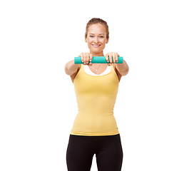 Image showing Happy woman, portrait and grip in arm workout isolated against a white studio background. Young female person or athlete smile holding tube band for resistance, training or exercise on mockup space