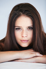 Image showing Smile, beauty and portrait of young woman with makeup, cosmetic and natural face routine. Glow, glamour and headshot of beautiful female person from Canada with positive, good and confident attitude.